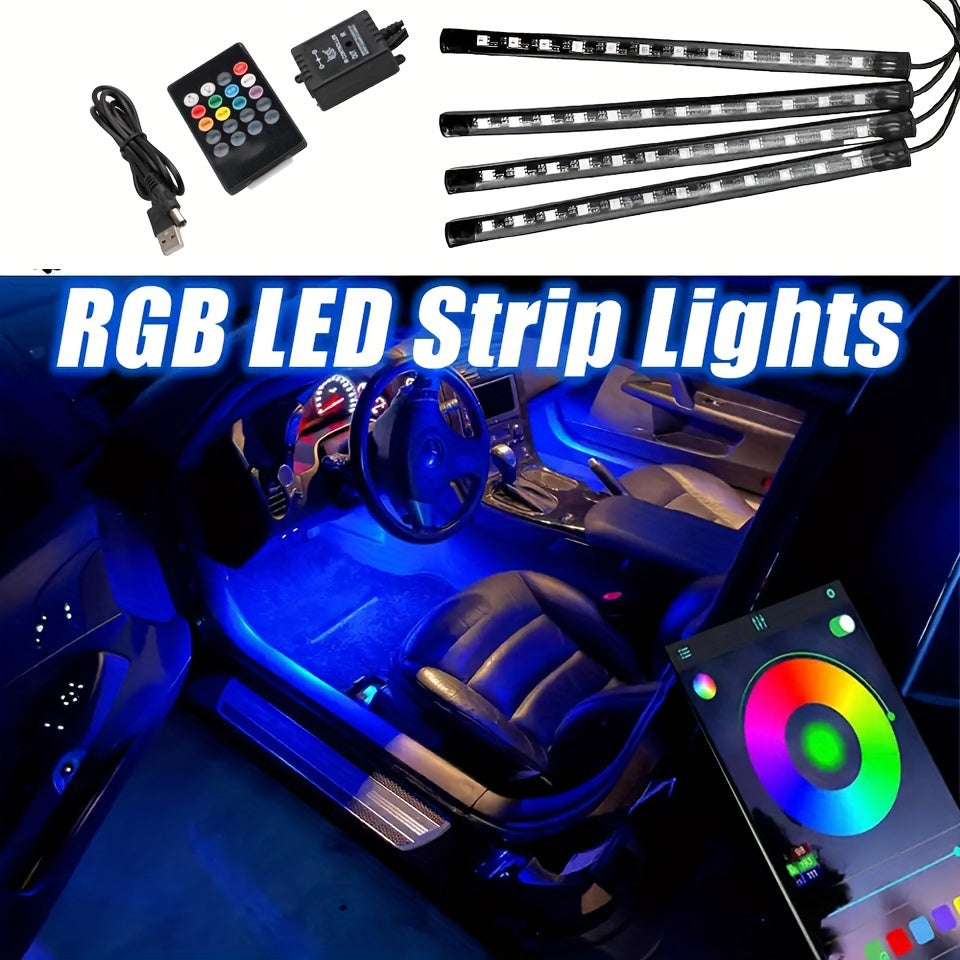 GlowRide RGB LED strip lights with remote control and smartphone app shown with blue interior car illumination display