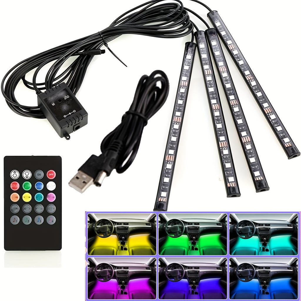 GlowRide RGB car interior LED light strips with remote control and USB cable showing multicolor ambient lighting options