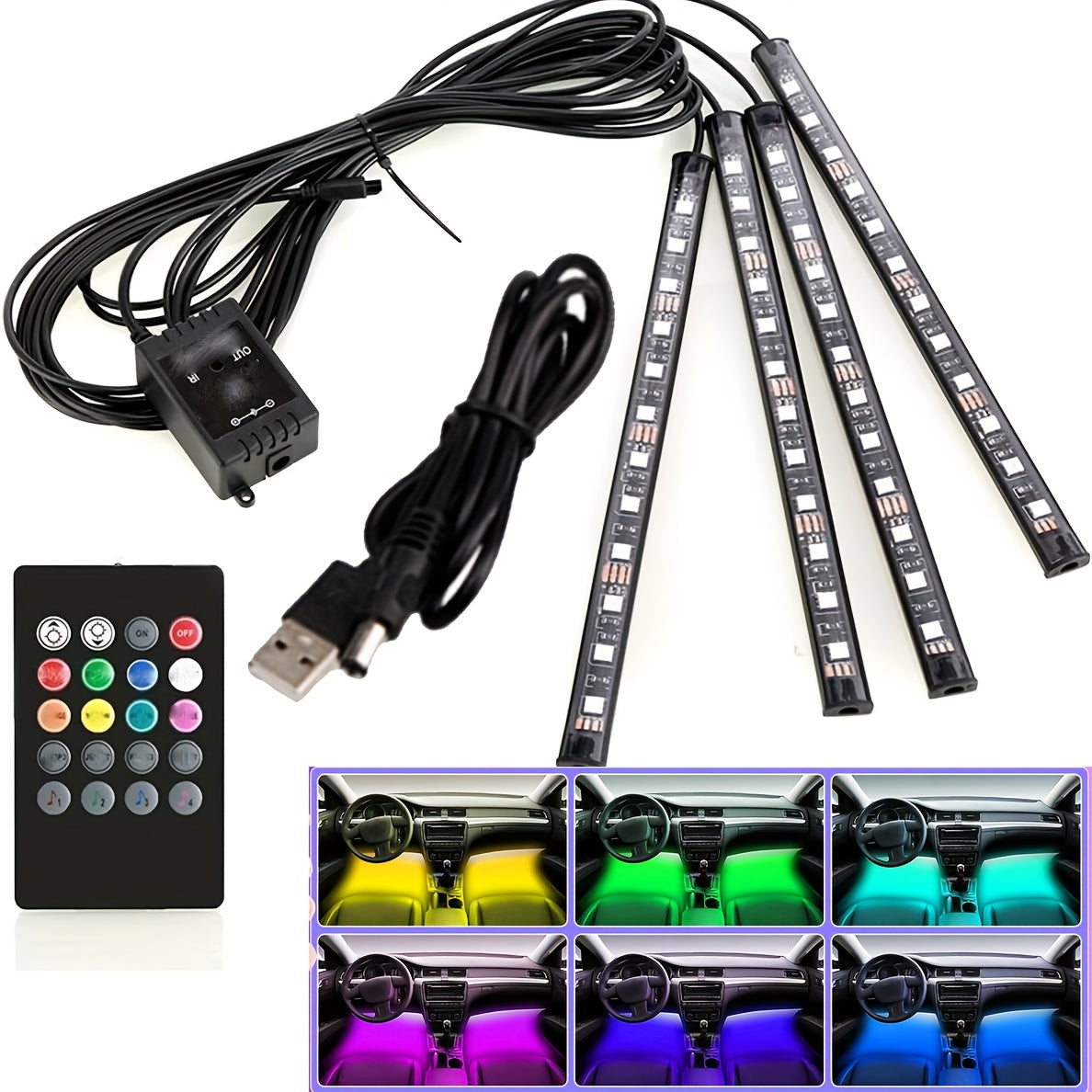 GlowRide RGB car interior LED light strips with remote control and USB cable showing multicolor ambient lighting options