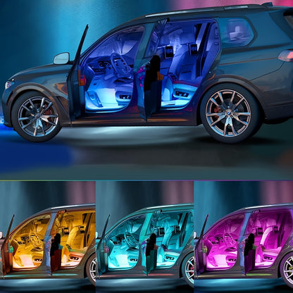 GlowRide RGB car interior LED lights showing multiple color modes in luxury SUV with open doors and ambient lighting effects