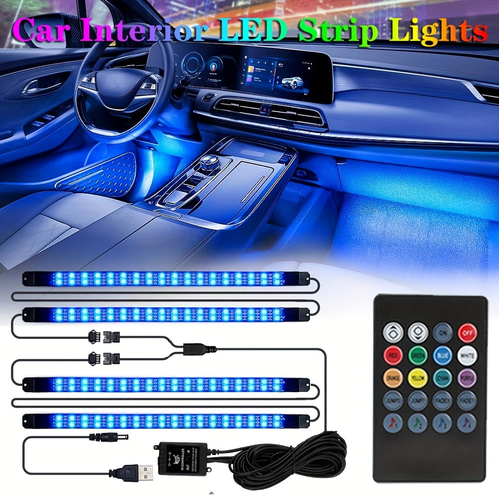 GlowRide RGB car interior LED strips illuminating modern vehicle dashboard in vibrant blue with remote control