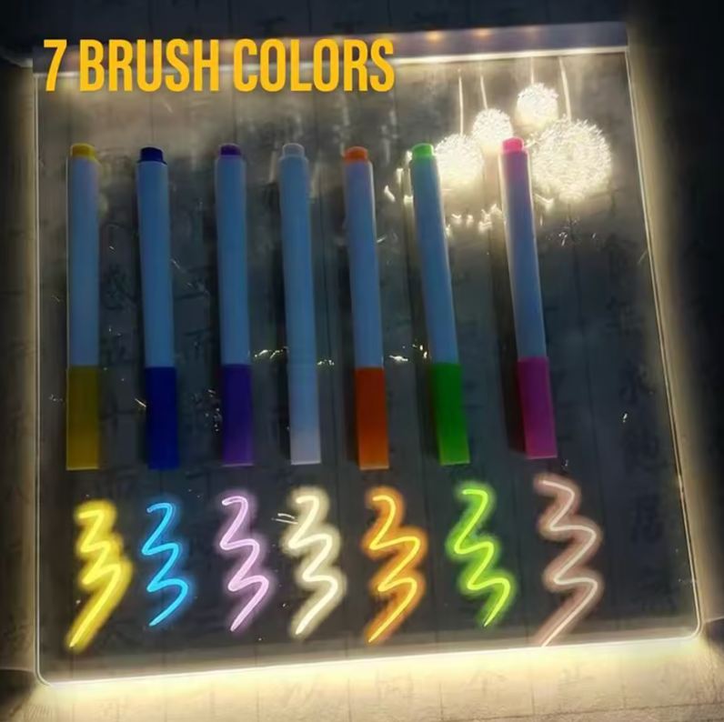 GlowSketch Board displaying 7 illuminated markers with neon color strokes on LED drawing surface - creative art tool demo