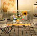 GlowSketch Board displaying illuminated spring flowers and sunflowers on transparent surface with colored markers on tiled surface
