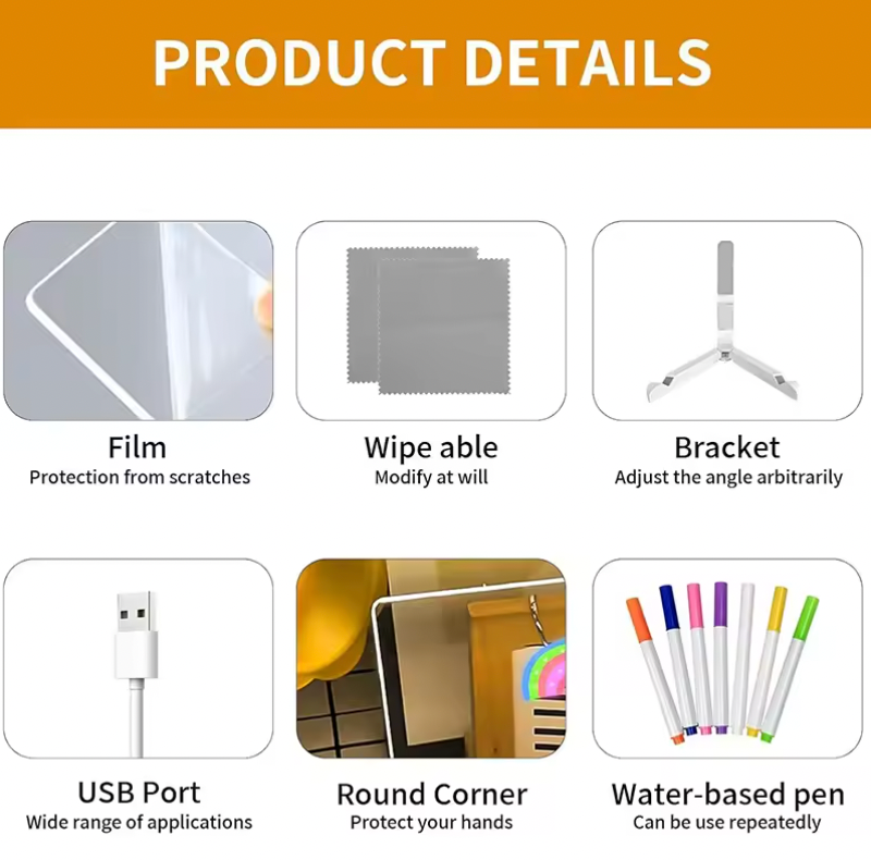 GlowSketch Board drawing set with protective film, USB port, adjustable bracket, wipe-clean surface and colorful markers