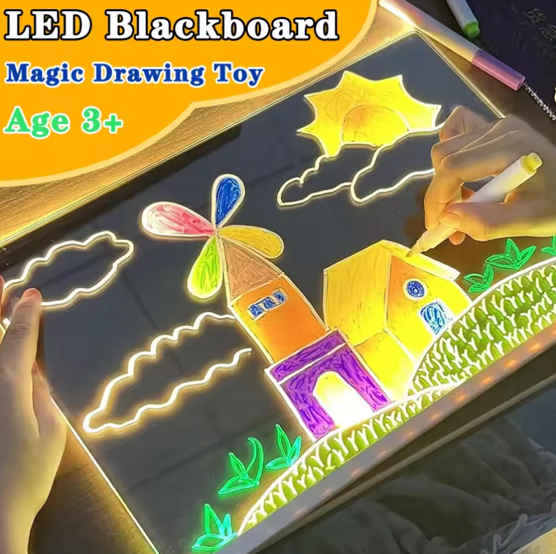 GlowSketch Board illuminated with colorful house drawing and glowing designs, displaying LED tracing art features on black surface