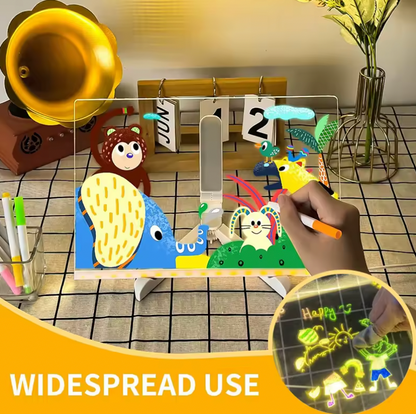 GlowSketch Board in use showing colorful drawing with illuminated artwork display - creative light-up drawing board on checkered surface