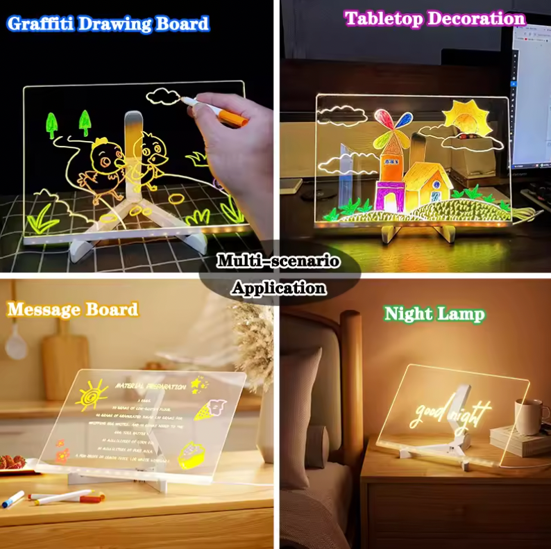 GlowSketch Board shown in four settings: drawing mode, decorative display, message board and night lamp with glowing neon-style artwork