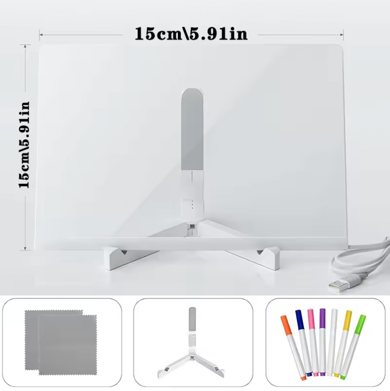 GlowSketch Board with adjustable white stand, colorful markers, and cleaning cloths - 15cm drawing surface for creative art