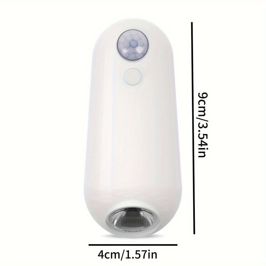 GlowStep Motion Sensor Light in white, showing motion detector and LED light unit with measurements - modern home lighting