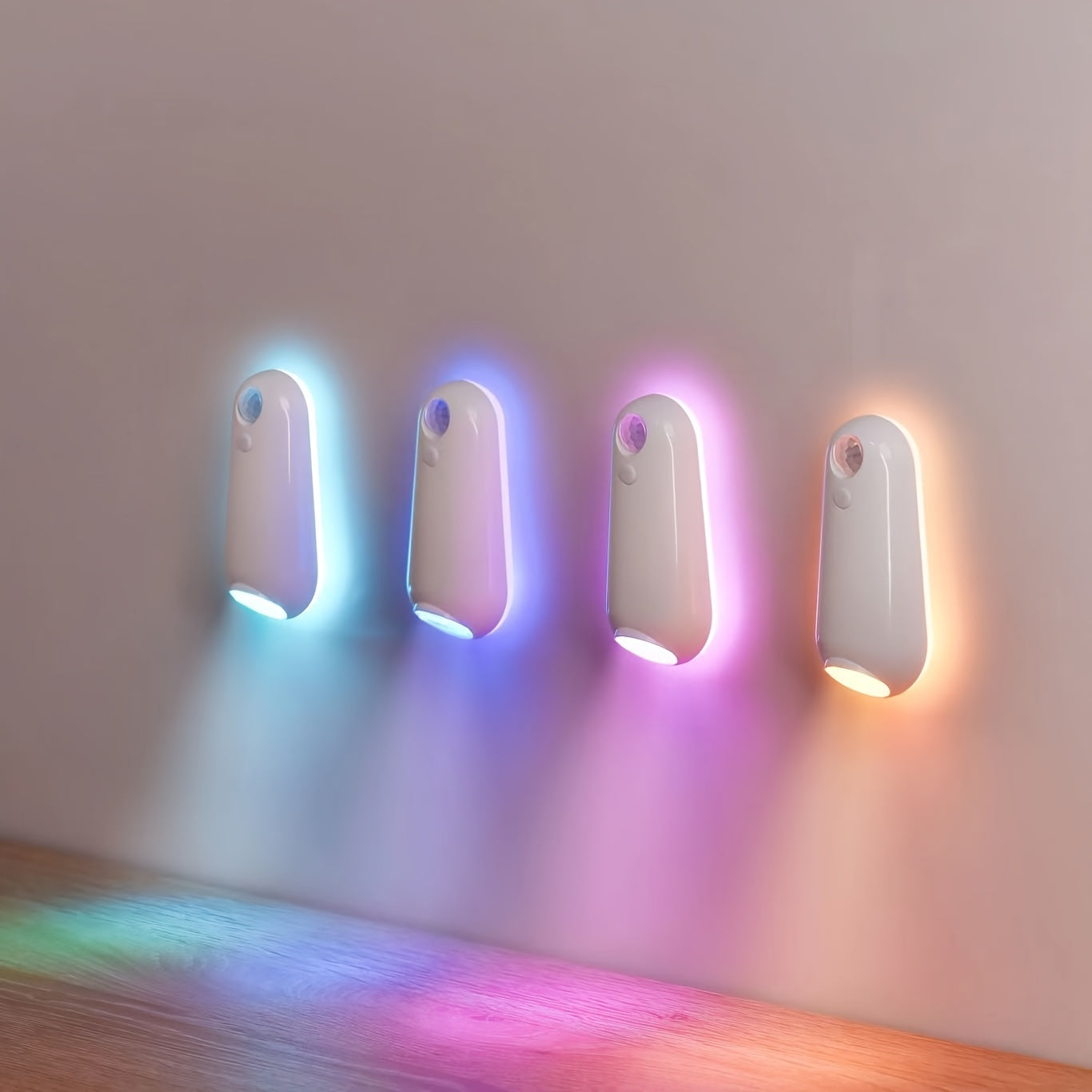 GlowStep Motion Sensor Lights mounted on wall displaying multicolor illumination - blue, purple, pink, and orange LED glow