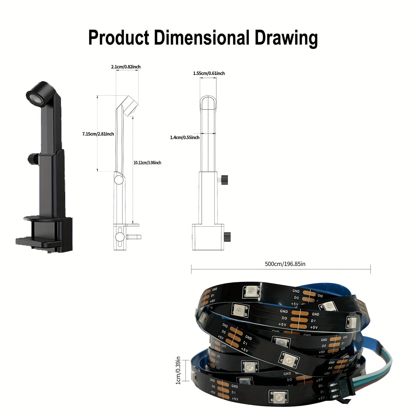 GlowSync AR sensor mount and LED strip dimensions - technical product drawing showing 500mm strip length and mounting bracket