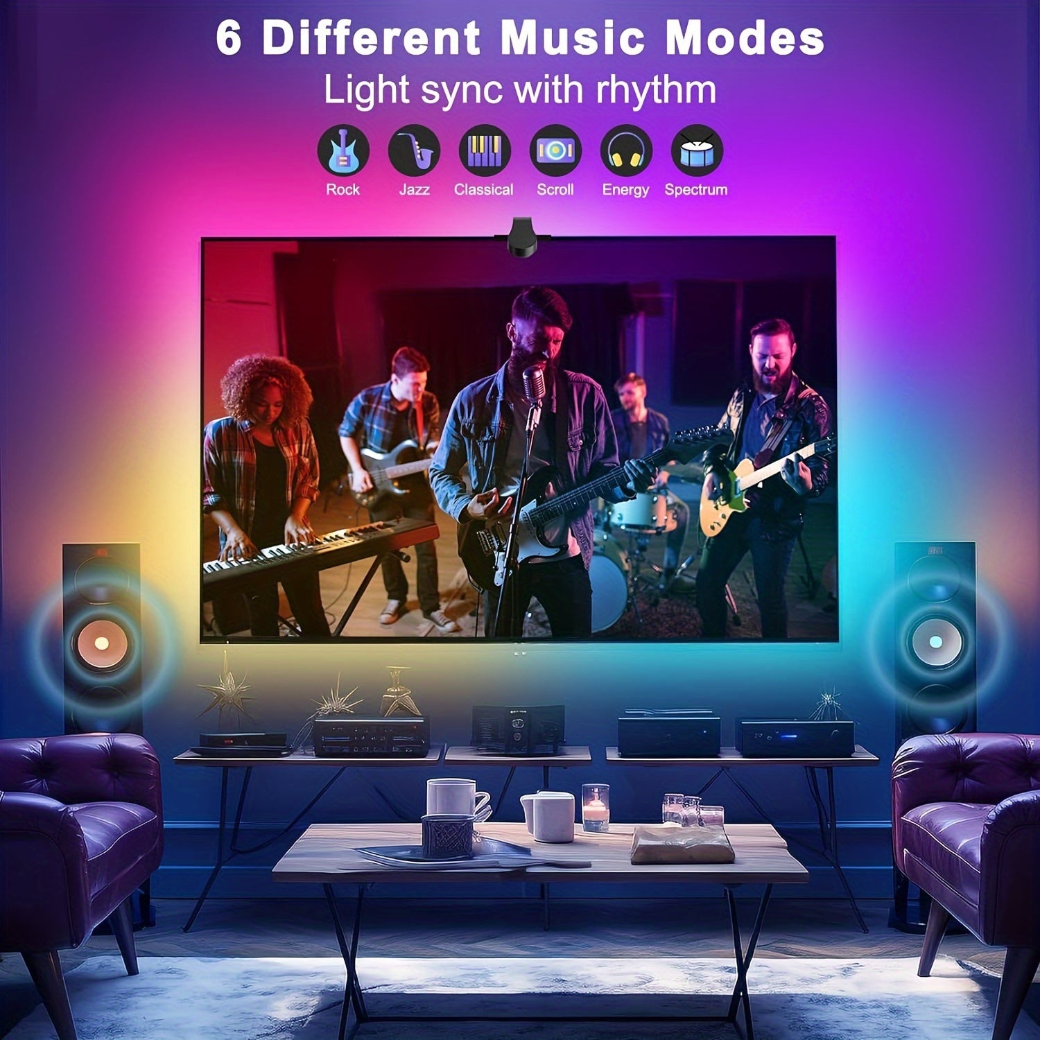 GlowSync LED TV backlight displaying music mode interface with 6 rhythm options in vibrant purple and blue ambient lighting