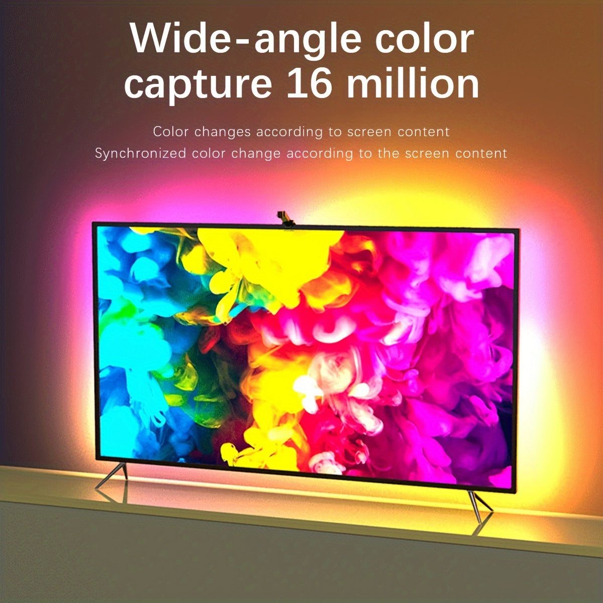 GlowSync LED backlight displaying vibrant rainbow colors synced to TV screen showing colorful abstract patterns