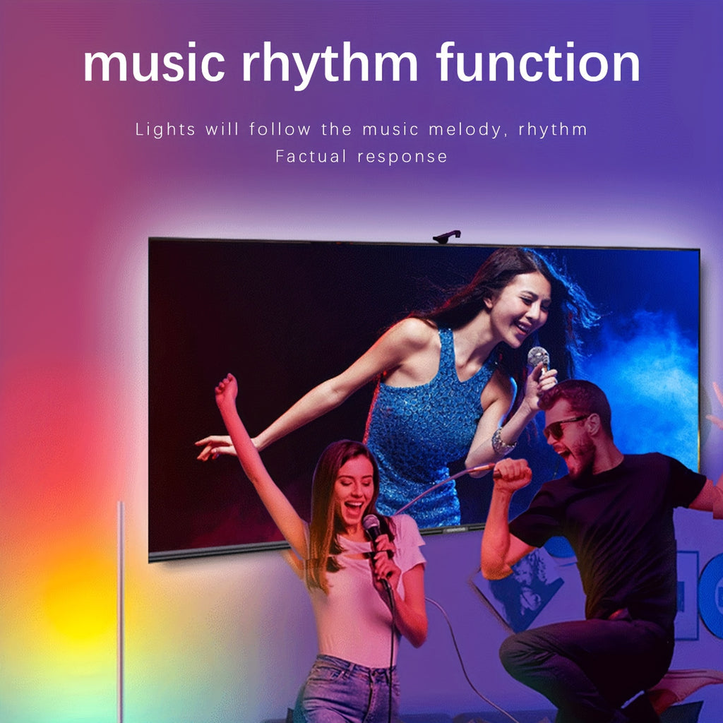GlowSync LED backlight strip displaying vibrant rainbow colors behind TV with music rhythm visualization feature demonstration