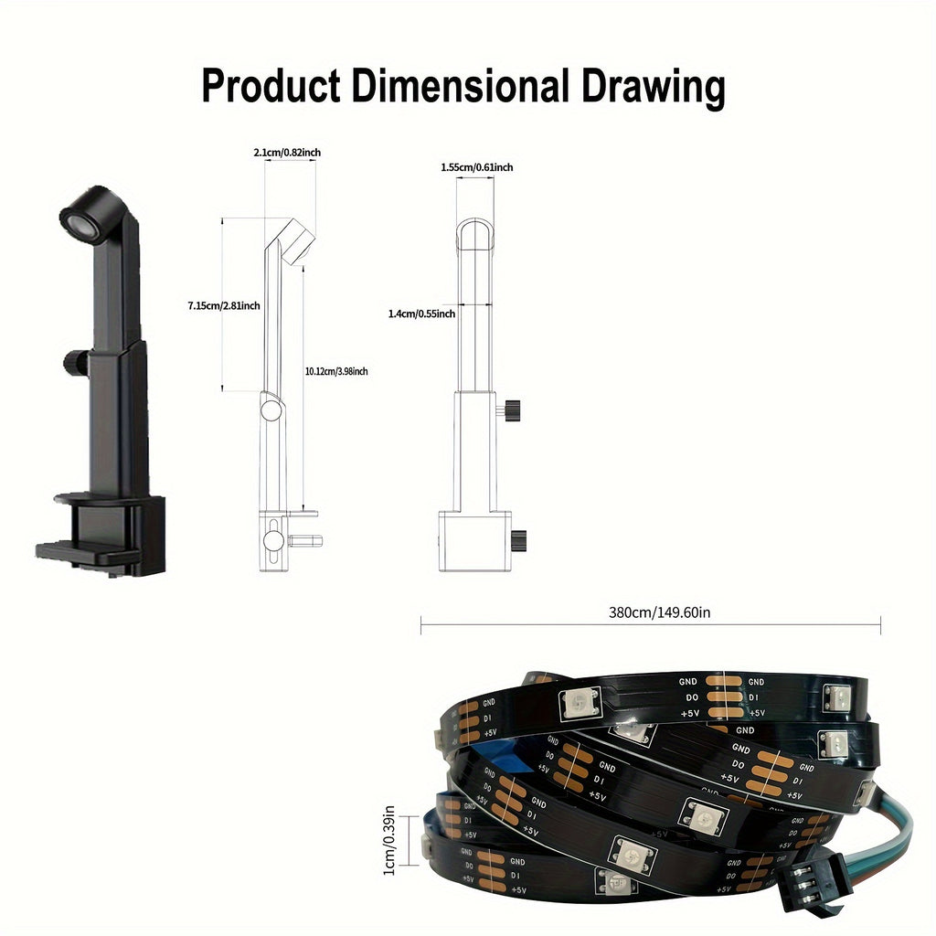 GlowSync LED strip technical diagram showing mounting bracket dimensions and RGB LED strip specifications - smart TV backlight