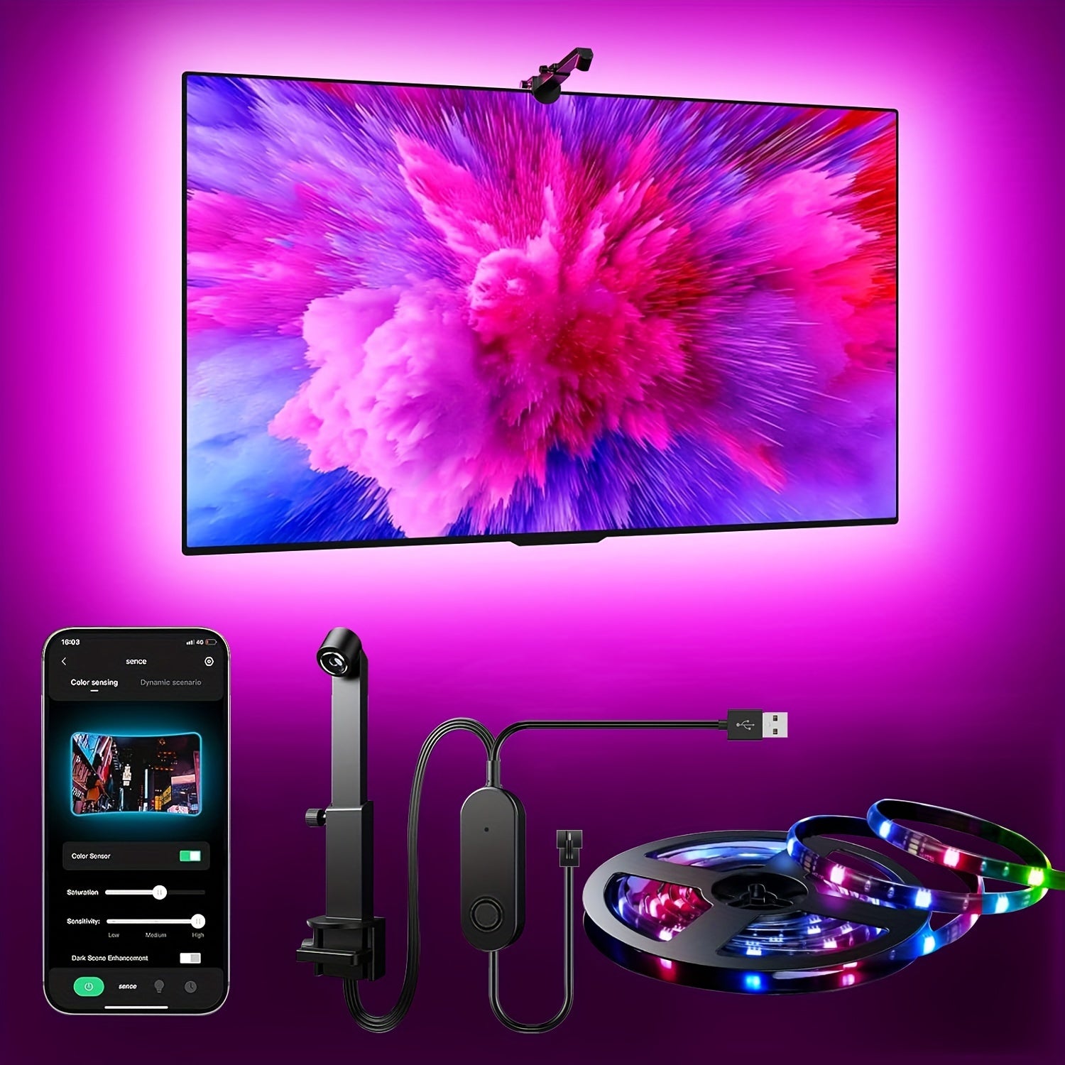 GlowSync LED strip with color-matching sensor, app control and vibrant pink-purple TV backlight display demonstration