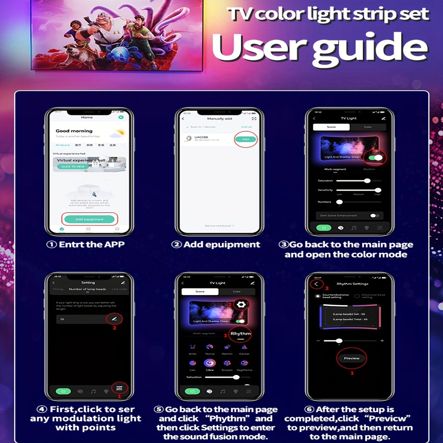 GlowSync smart LED TV backlight app interface showing 6-step setup guide for color sync and control features