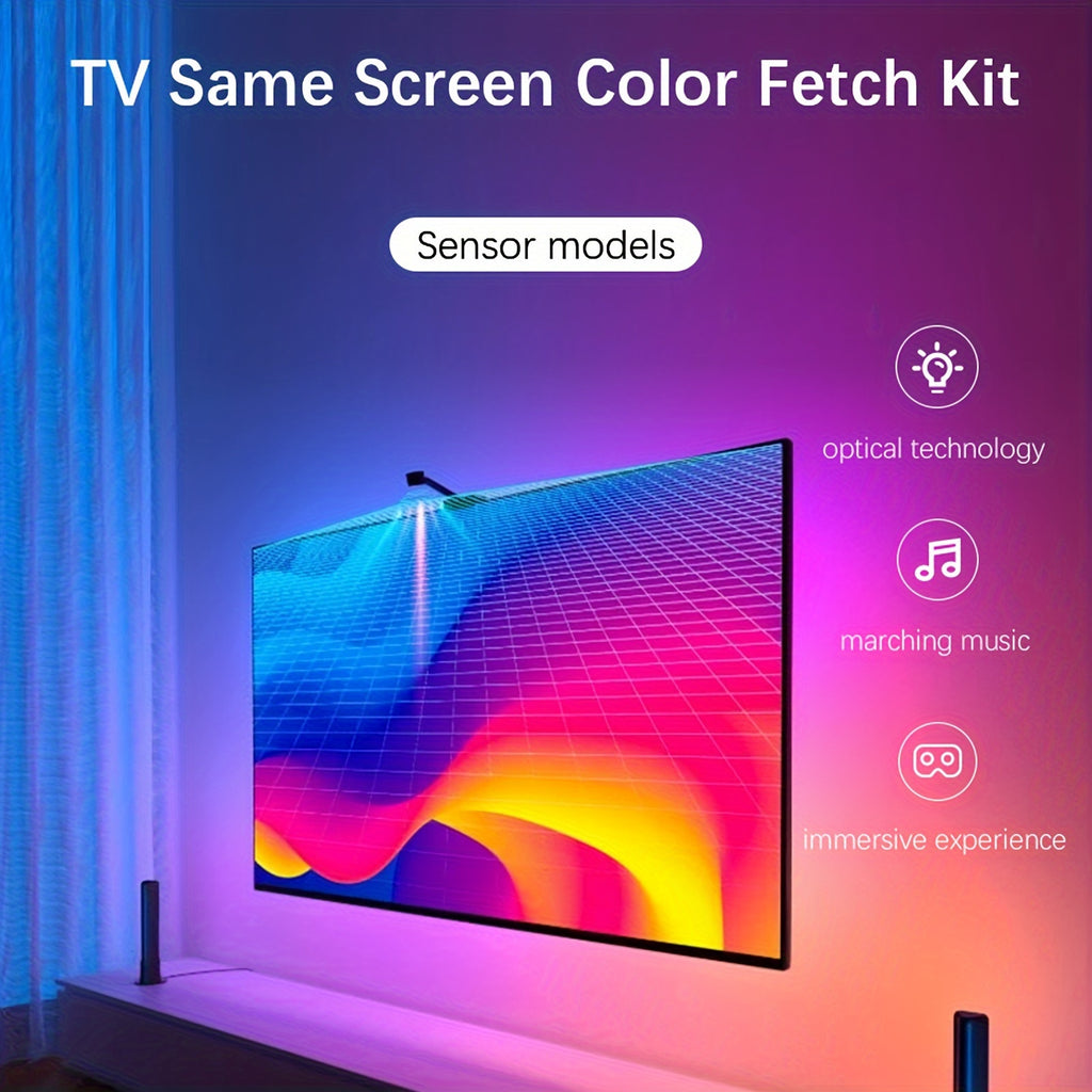 GlowSync smart LED backlight strip displaying vibrant color sync with TV screen in pink and blue ambient lighting setup