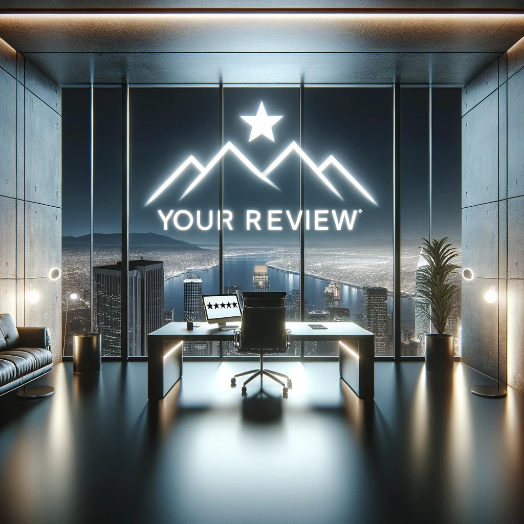 Glowing HighPeak logo with 'Your Review' text in modern office overlooking city skyline - customer feedback page design