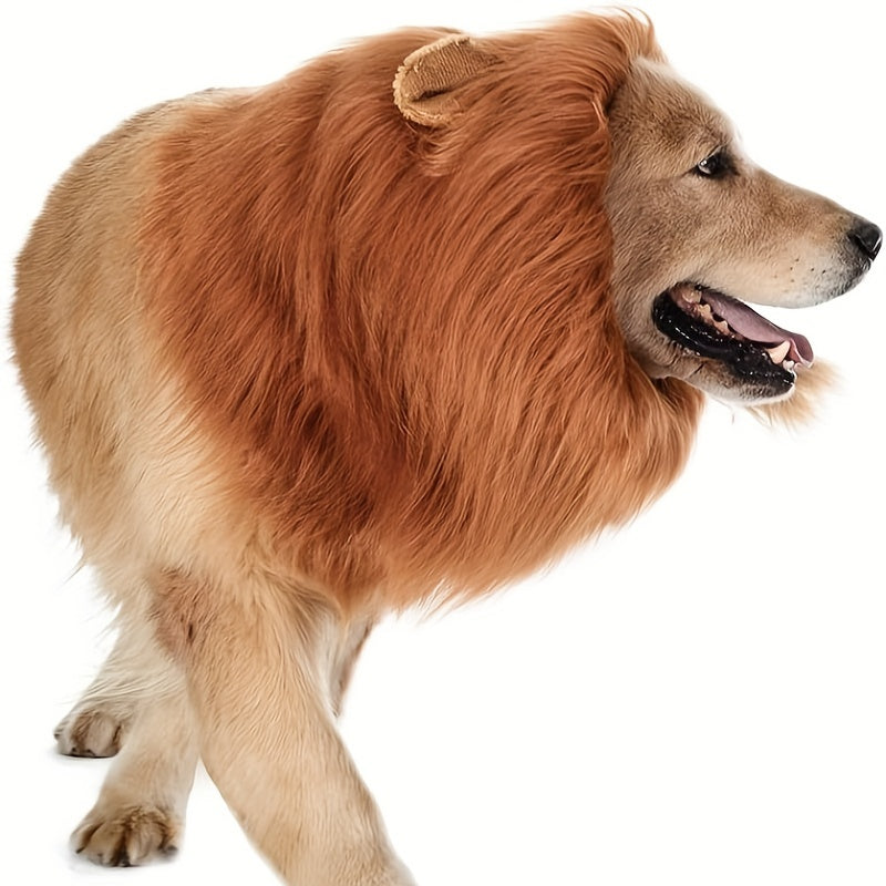 Golden dog wearing HighPeak Lion Mane costume with fluffy brown mane, shown in playful profile on white background