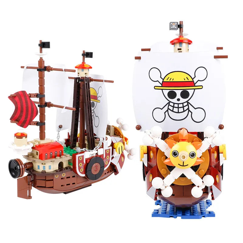 Grand Voyage pirate ship building set with Jolly Roger flag, brown wooden hull, red sails, and decorative character figure