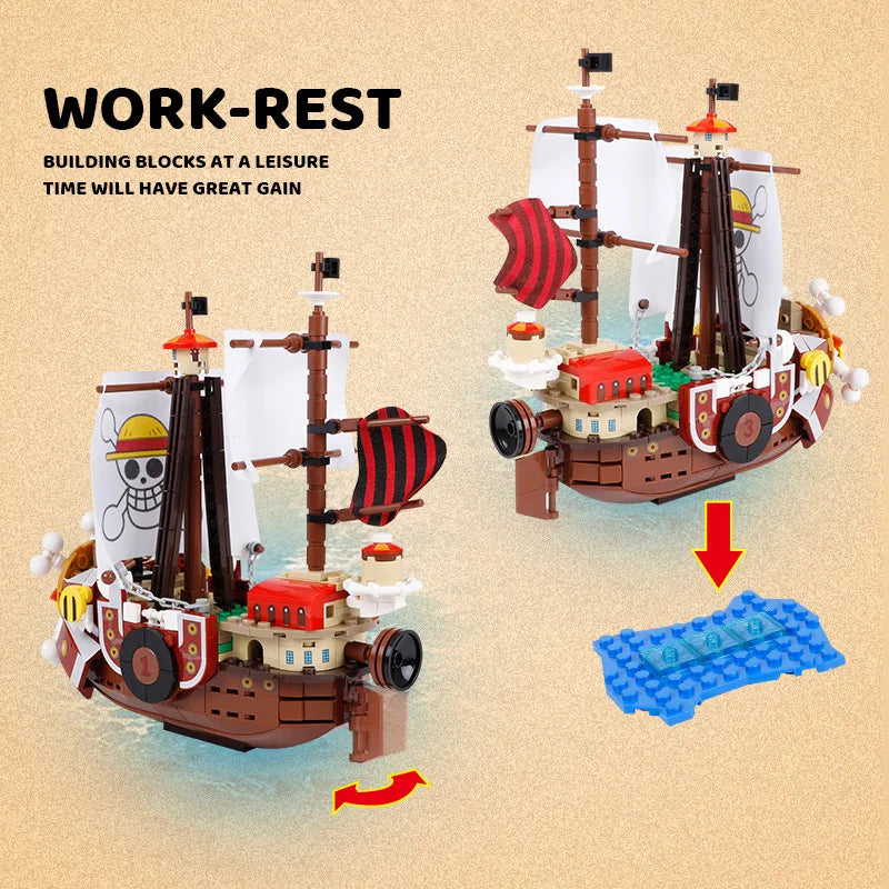 Grand Voyage pirate ship building set with red sails, brown hull, and white deck, floating on blue water base - detailed toy model