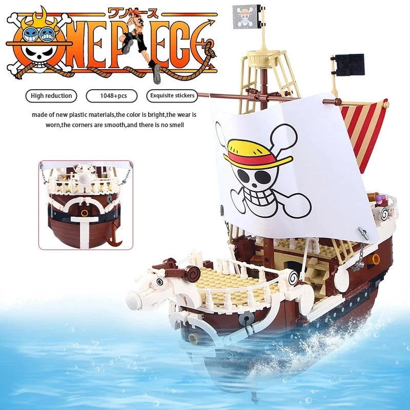 Grand Voyage pirate ship model with iconic Straw Hat flag, brown wooden hull and white striped sails in sailing position
