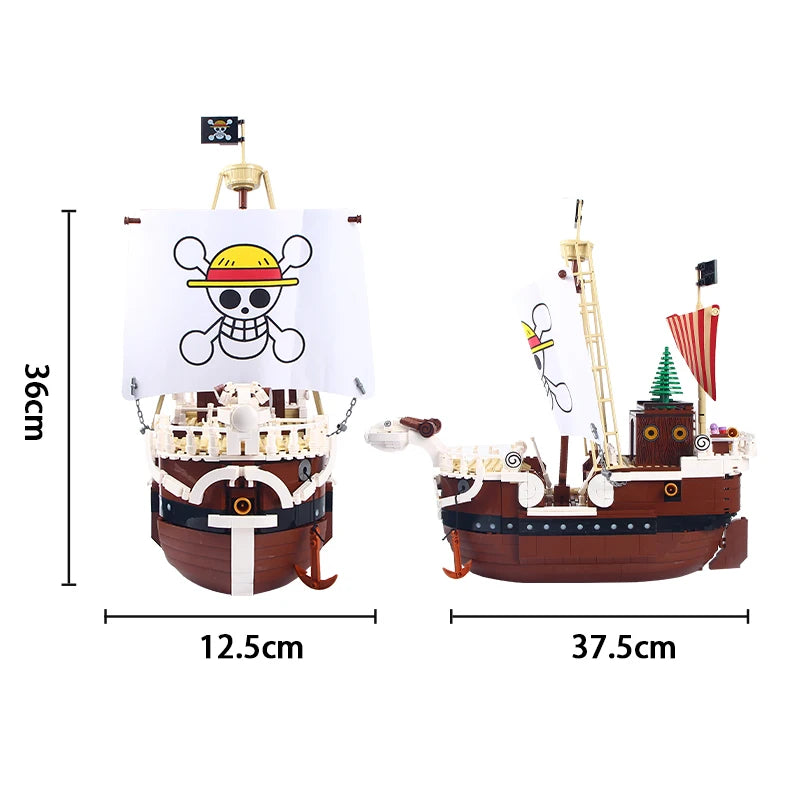 Grand Voyage pirate ship model with iconic Straw Hat flag, wooden-style hull, dual masts and detailed deck features