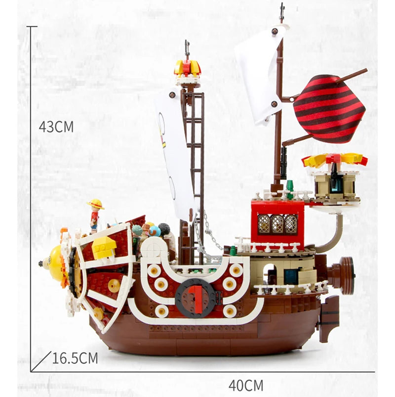 Grand Voyage pirate ship playset featuring brown wooden hull, red striped sails, detailed deck compartments and tower lookout - 43cm tall