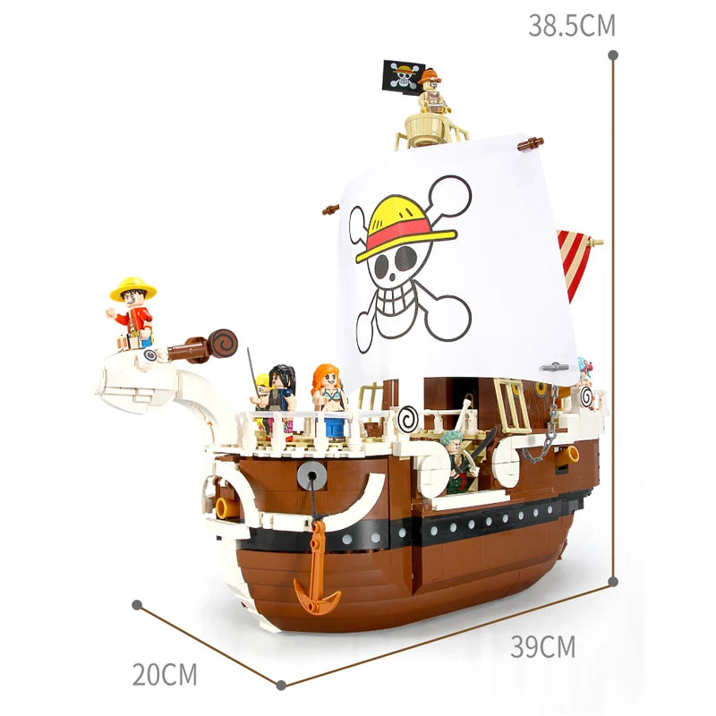 Grand Voyage pirate ship toy with white skull sail, brown wooden hull, detailed deck features and character figurines