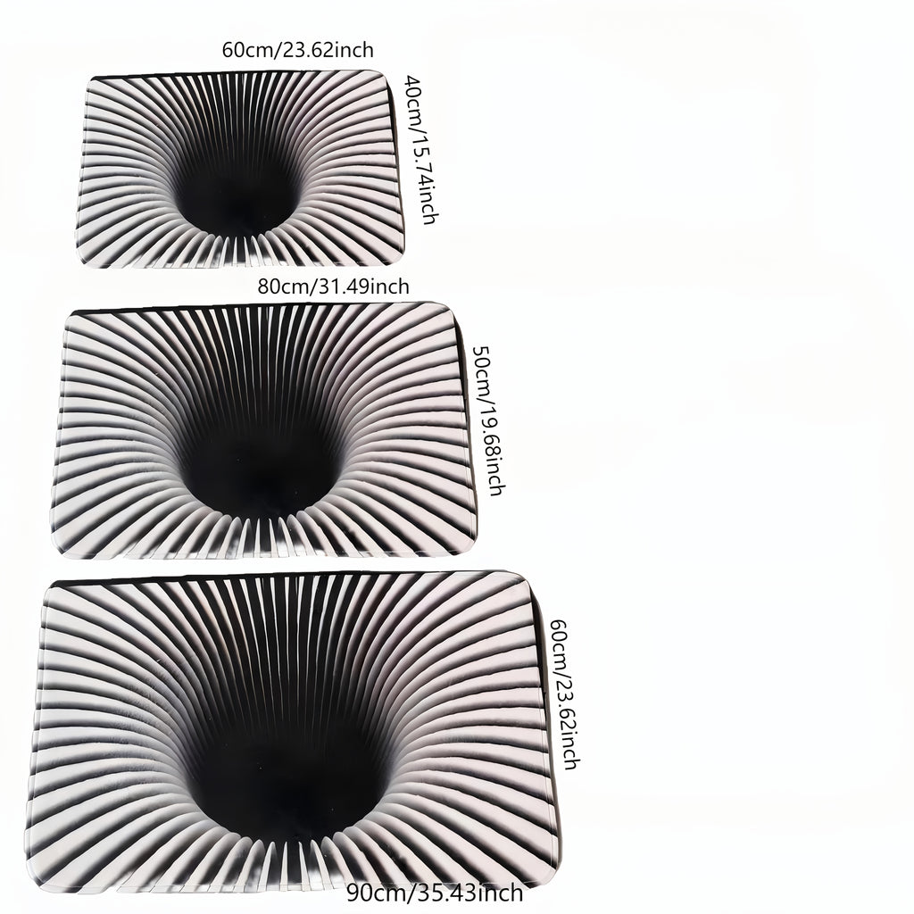 Gravity Vortex 3D Illusion Mat shown in three sizes featuring black and white spiral pattern creating optical depth effect