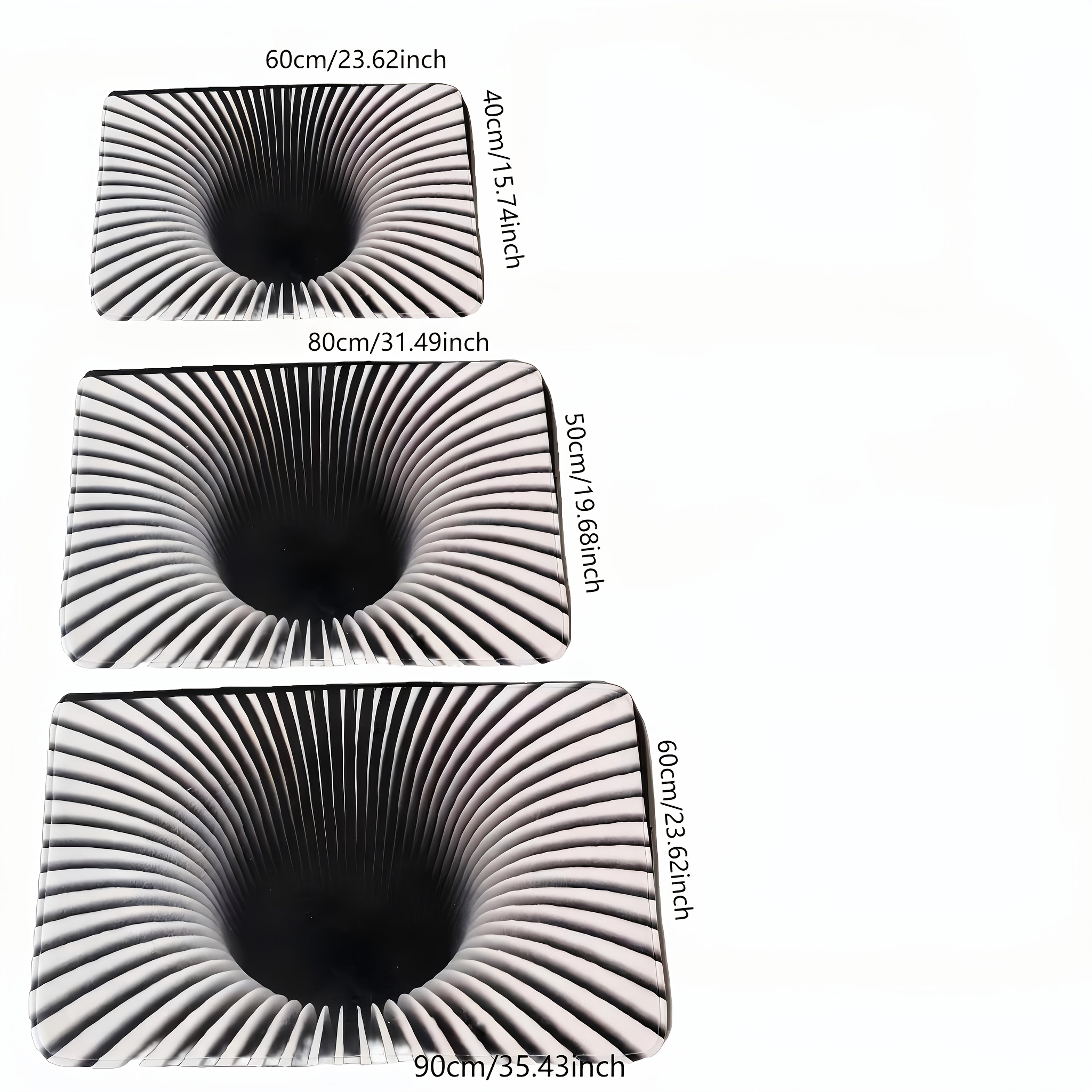 Gravity Vortex 3D Illusion Mat shown in three sizes featuring black and white spiral pattern creating optical depth effect