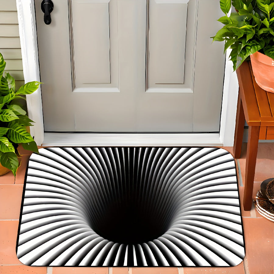 Gravity Vortex 3D illusion mat displaying black and white spiral pattern creating deep optical tunnel effect at doorway entrance