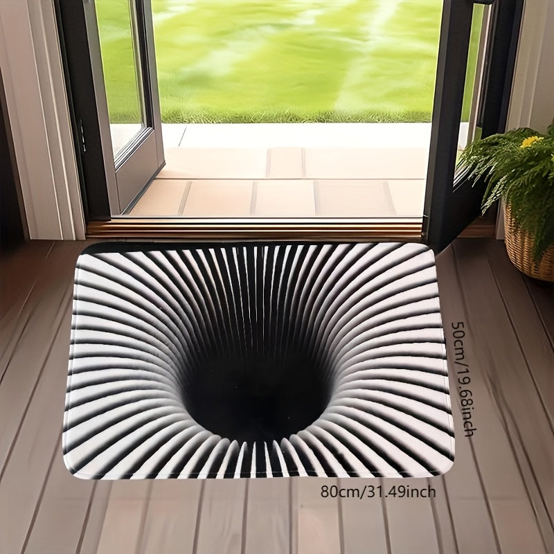 Gravity Vortex 3D illusion mat featuring black and white spiral design creating optical depth effect at modern doorway entrance