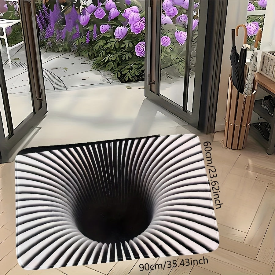 Gravity Vortex 3D illusion mat featuring black and white spiral design creating optical depth effect on beige floor near window