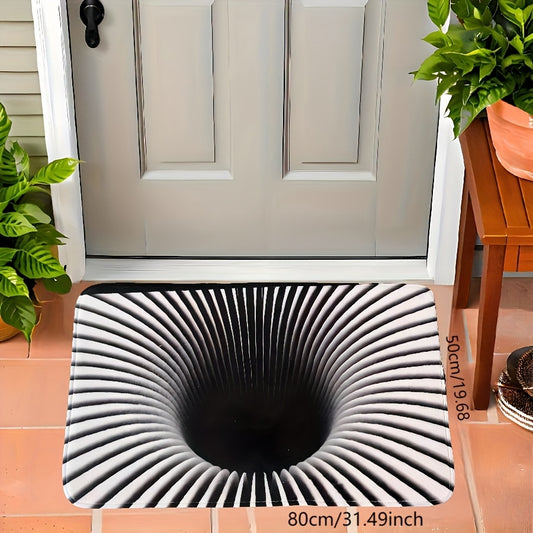 Gravity Vortex 3D illusion mat featuring black and white spiral design displayed at entryway with terracotta tiles and plants