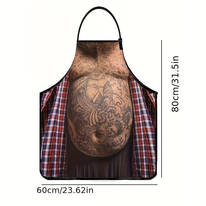 GrillMaster Apron featuring plaid pattern and tattooed torso design with beer belly illusion, perfect for BBQ parties