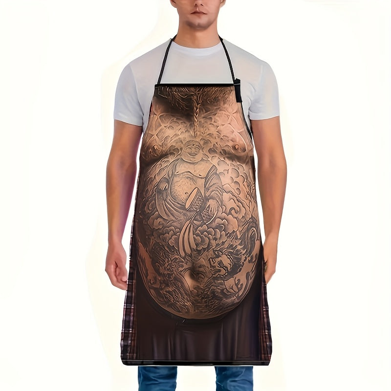 GrillMaster Apron featuring printed tattoo design and beer belly illusion on black fabric with plaid trim - novelty cooking wear