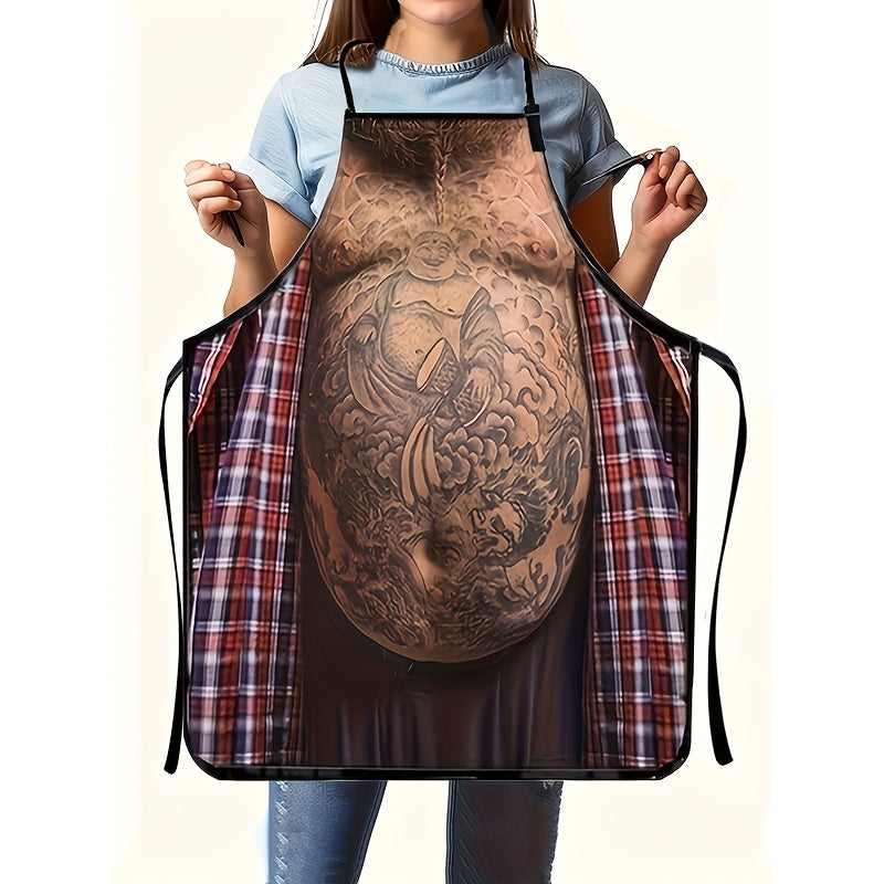 GrillMaster Apron featuring realistic tattooed belly print design with plaid pattern trim and black straps for BBQ fun