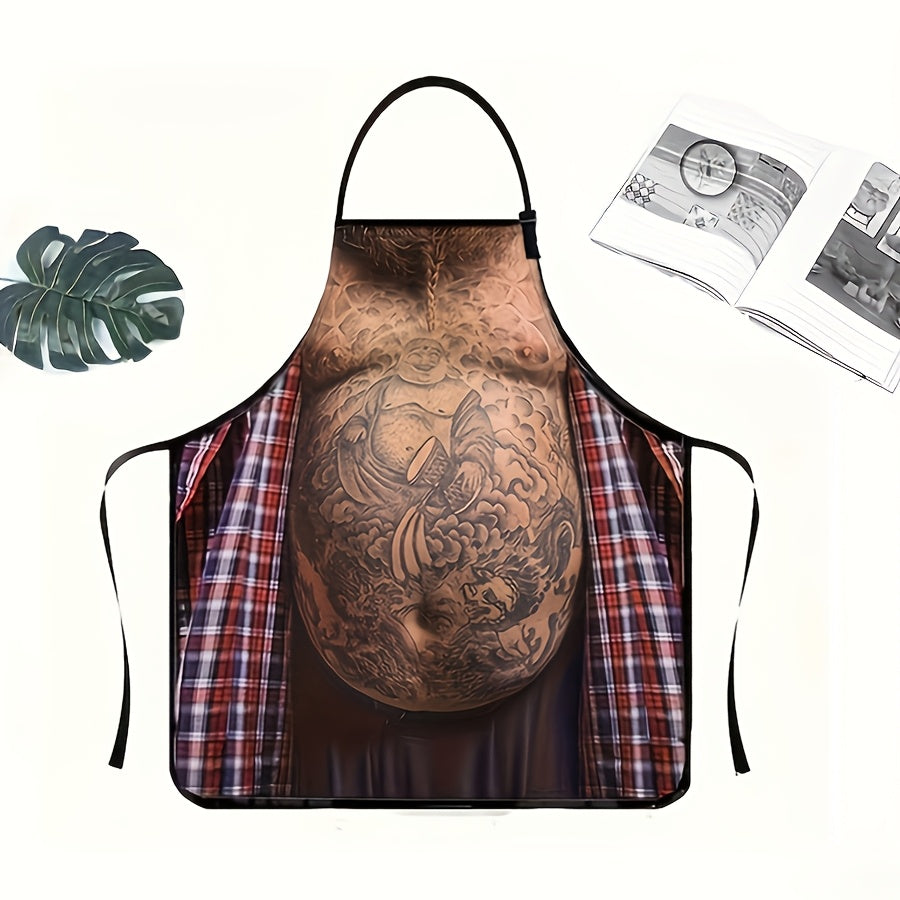 GrillMaster Apron featuring realistic tattooed torso design with plaid shirt pattern and adjustable black straps