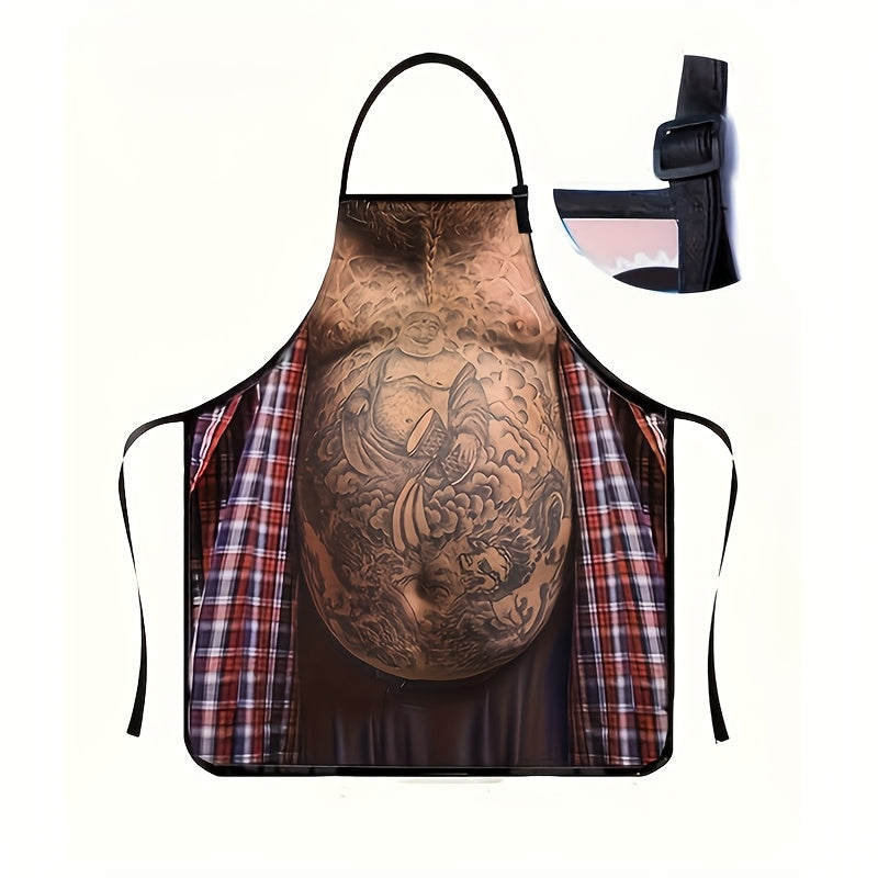 GrillMaster Apron with realistic tattooed torso design and plaid pattern detail on adjustable black straps