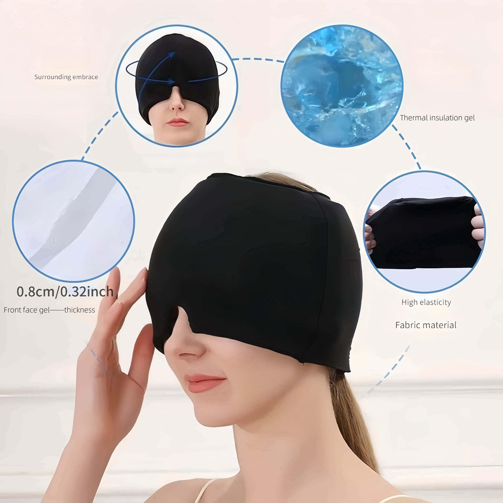Headache Relief Cap in black with cooling gel inserts, showing stretchy fabric and full head coverage design
