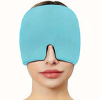 Headache Relief Cap in turquoise blue stretchy fabric covering eyes and temples - cooling gel therapy mask for migraine relief