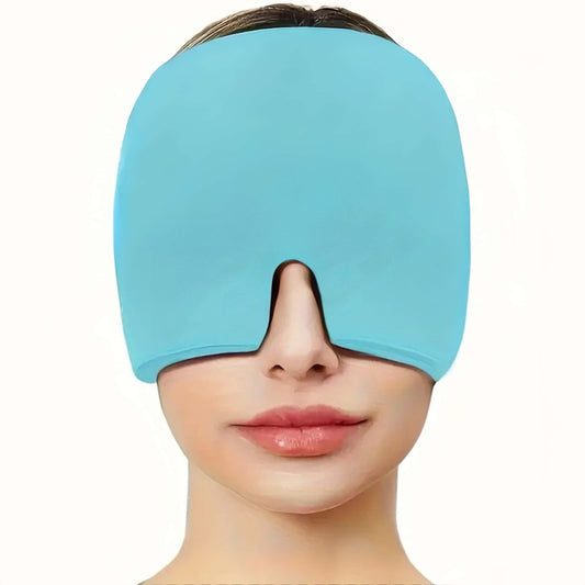 Headache Relief Cap in turquoise blue stretchy fabric covering eyes and temples - cooling gel therapy mask for migraine relief