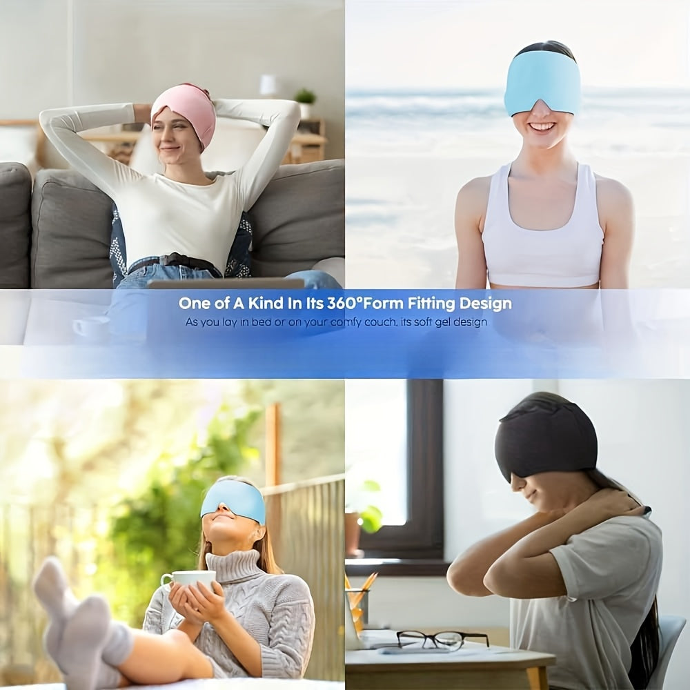 Headache Relief Cap shown in multiple colors providing 360-degree cold therapy coverage while worn during rest and activities