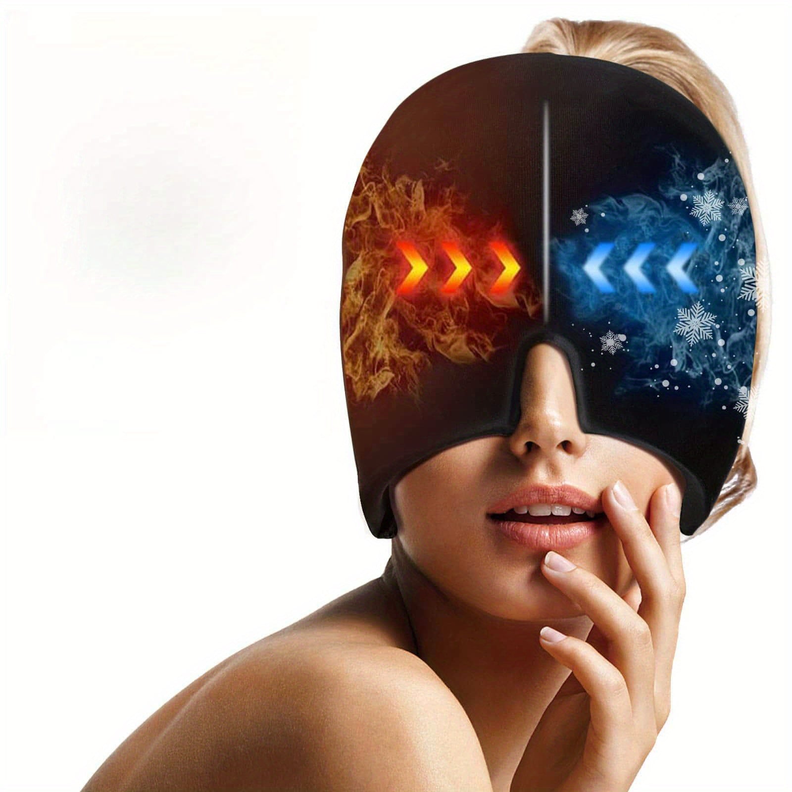 Headache Relief Cap with dual hot and cold therapy design showing fire and ice effects on black therapeutic mask