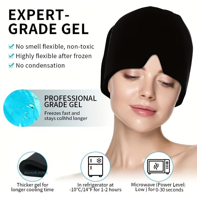 Headache Relief Cap with expert-grade cooling gel shown with product features and black stretch-fit design