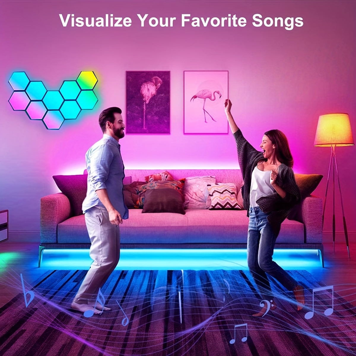 HexLights hexagon LED panels creating vibrant pink and blue ambiance in modern living room with dancing couple and wall art