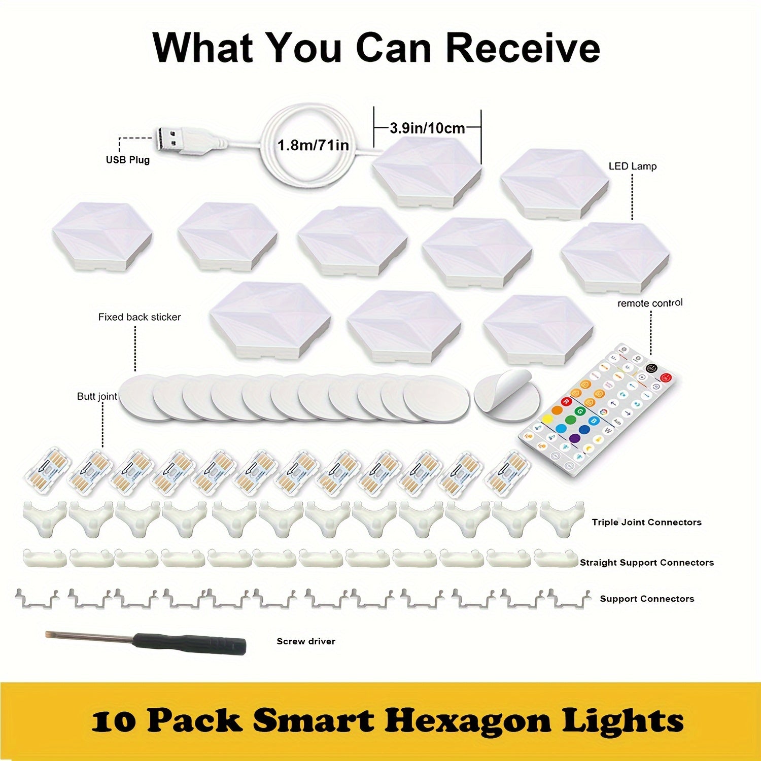 HexLights modular LED panel kit with 10 hexagon tiles, remote control, USB cable, and mounting accessories for DIY setup