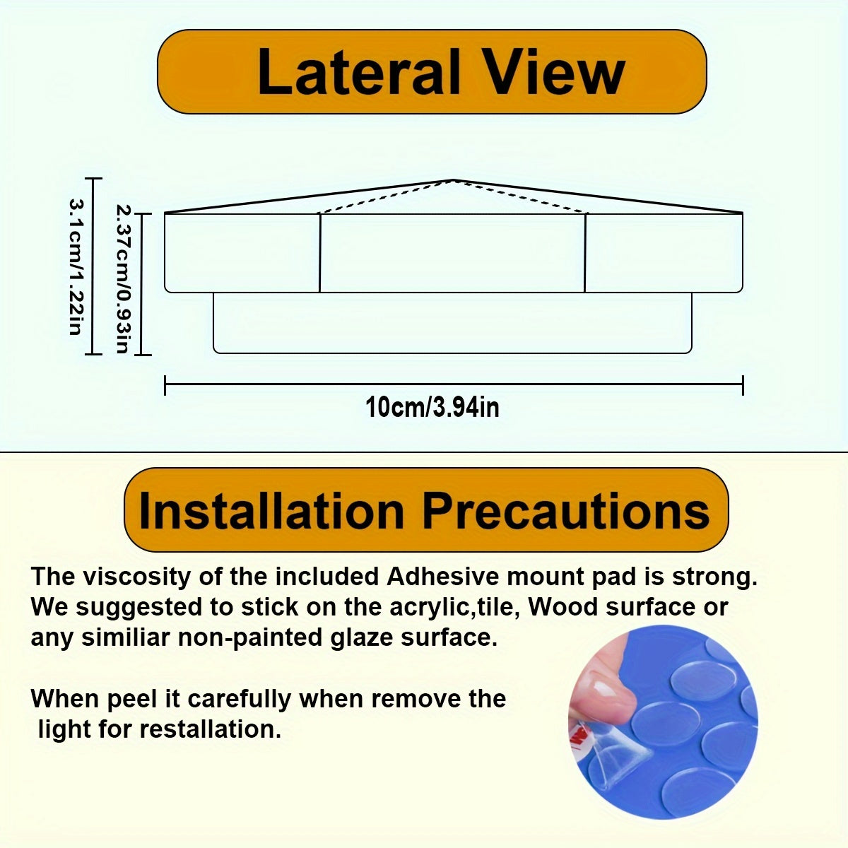 HexLights modular LED panel technical diagram showing lateral view dimensions and installation guide for mounting